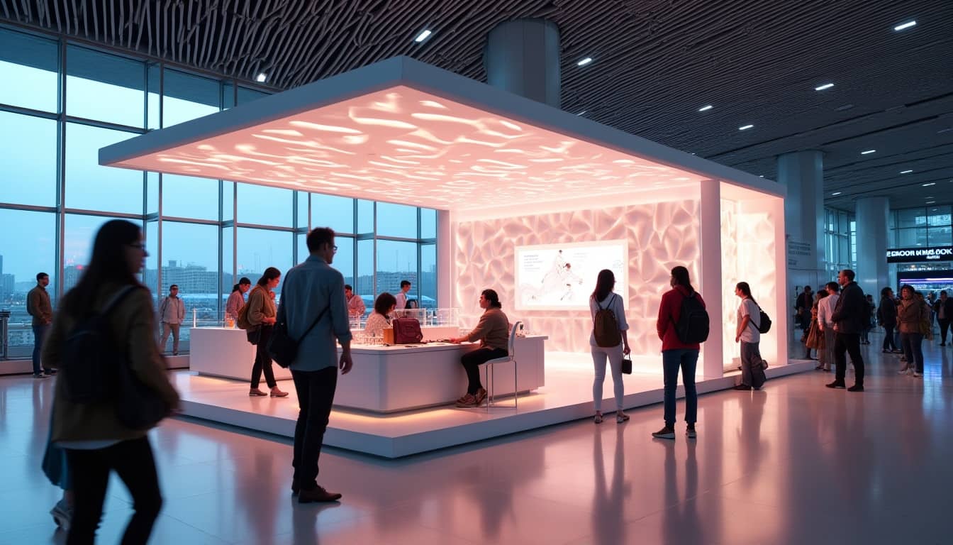 Activación de marca en aeropuerto internacional en México 2025, con escenografía moderna, pantallas interactivas y experiencia para viajeros en tránsito, producida por Mármol Rojo.
