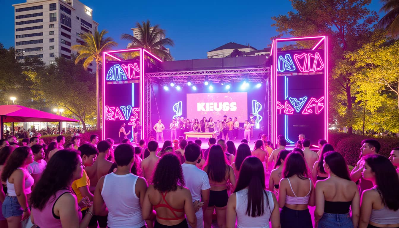 Activación de marca en festival de música en México 2025 con escenografía moderna, iluminación LED y asistentes disfrutando la experiencia producida por Mármol Rojo.