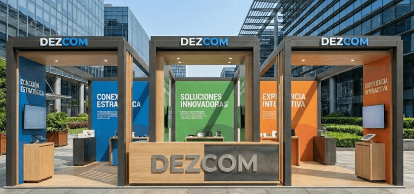 Stand corporativo diseñado para activaciones de marca con arquitectura funcional, gráficos visibles y materiales premium producido por Mármol Rojo.