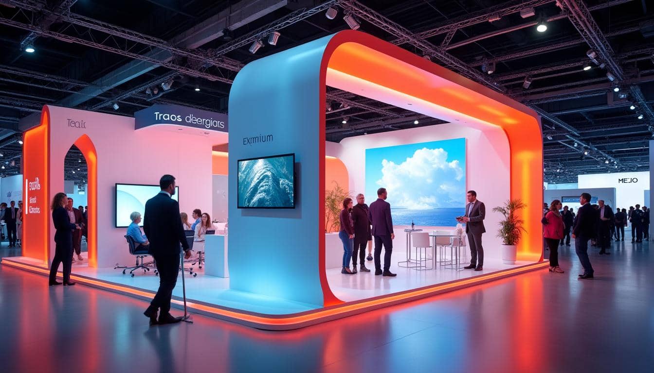 Stand corporativo personalizado con diseño de marca en Expo Guadalajara producido por Mármol Rojo.