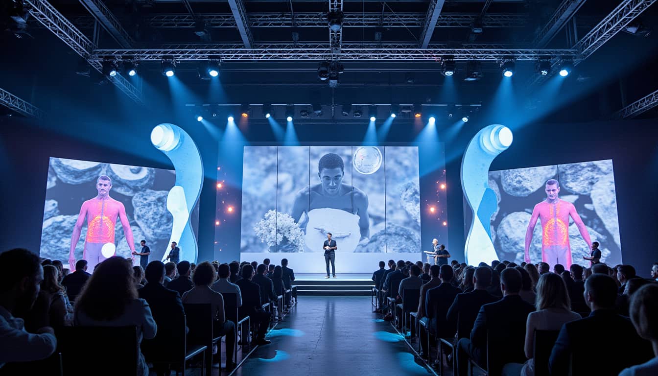Escenografía temática para congreso de la industria pharma en México con diseño innovador y montaje profesional de Mármol Rojo