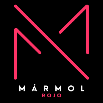 Logotipo blanco cuadrado de Mármol Rojo, firma creativa especializada en marketing, eventos y producción