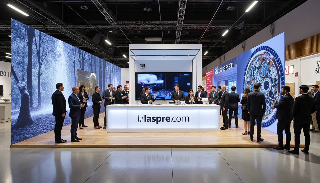 “Hyper-realistic experiential marketing event in Mexico. Branded stand with interactive technology, people engaging, measuring engagement with digital screens and registration stations. Professional corporate environment, elegant and innovative look.”