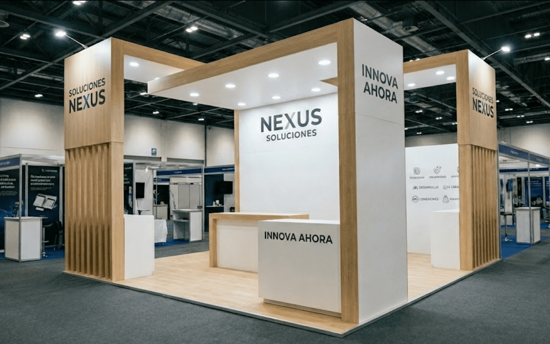 Stand corporativo bien montado en exposición que pasa desapercibido entre otros espacios, ejemplo de la importancia del diseño estratégico según Mármol Rojo.