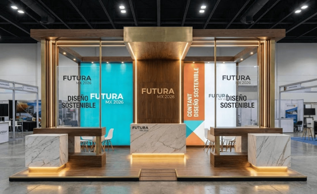 Diseño de stand corporativo con arquitectura de marca y iluminación integrada para exposiciones empresariales producido por Mármol Rojo.