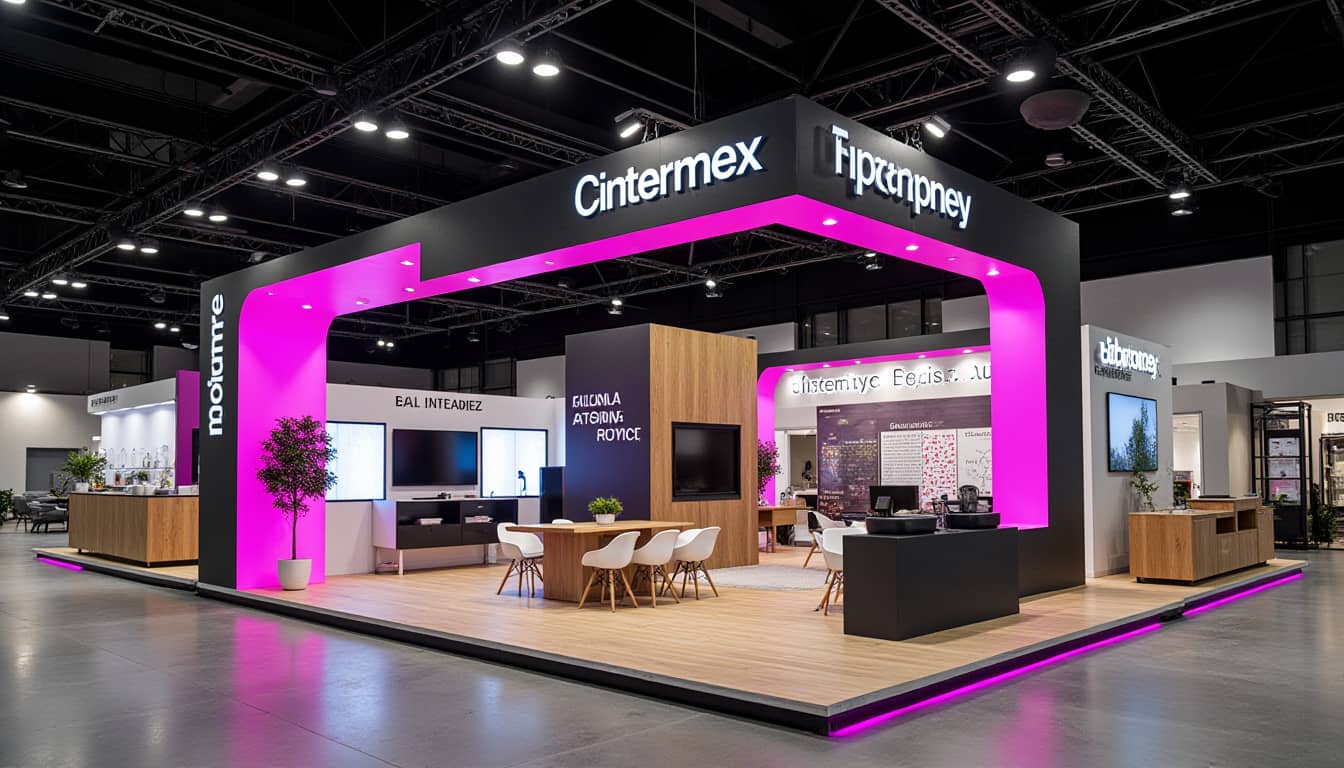 Stand para expo en Monterrey con diseño moderno, modular y montaje profesional de Mármol Rojo